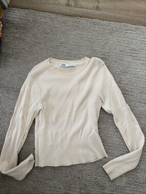 Zara Beige Ribbed Crewneck Long Sleeve Top
